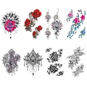 Waterdichte tattoo-sticker voor meisjes, kleurrijke rozenlotus, Boheemse brahmaanse bloemtotem, borst- en achterkant, tatToo