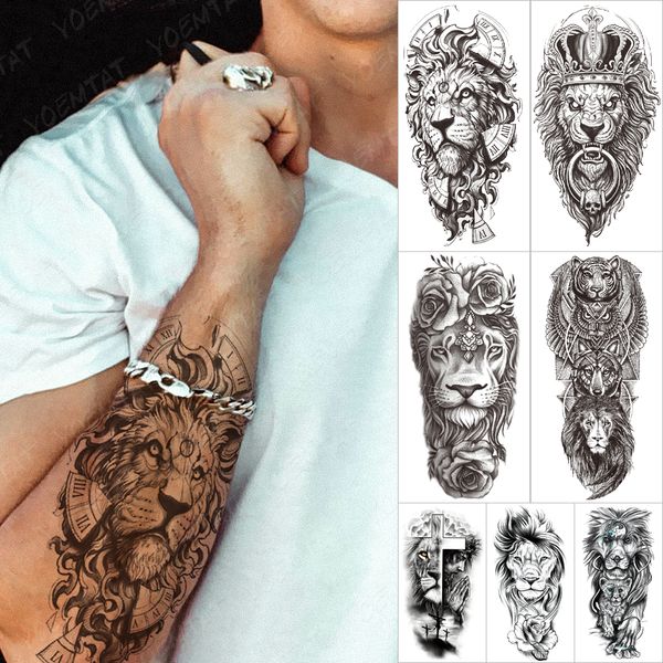 Étanche temporaire manchon bras tatouage autocollant Lion horloge tigre engrenage squelette Rose tatouages corps Art faux tatoo hommes femmes noir