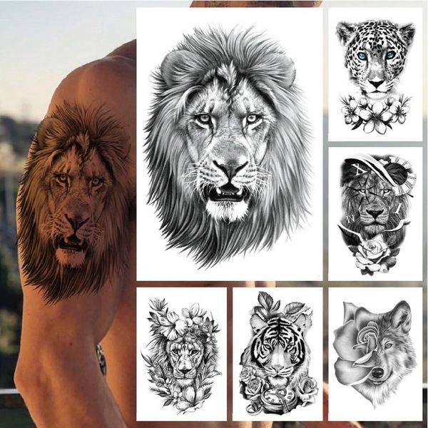 Tatouage temporaire étanche Animal demi bras Tatoo autocollant Lion tigre léopard tête de loup transfert d'eau Tatto autocollant corps maquillage