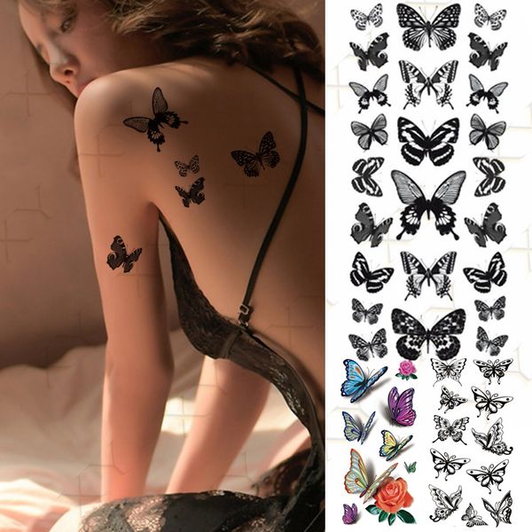 Tatuaje temporal a prueba de agua pegatina 3D mariposa tatuaje falso Flash serpiente pluma tatuaje arte corporal Rosetatuage para niña mujer hombre