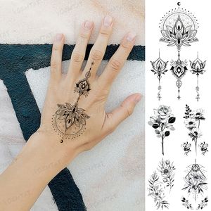 Waterdichte Tijdelijke Tattoo Sticker Zwarte Henna Kant Arabische Lotus Totem Bloem Flash Tatoo Vrouwen Vinger Body Art Nep Tatto mannen