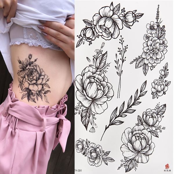 Autocollant de tatouage temporaire étanche Roses noires fleur motif conception pleine fleur bras corps Art grand grand faux tatouage autocollant 1 PC