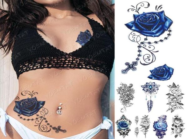 Pegatina de tatuaje temporal impermeable Azul Rose Peony Flores Flash Tattoos Cross Rosary Arte Arte Manga falsa Mujeres Men3130281