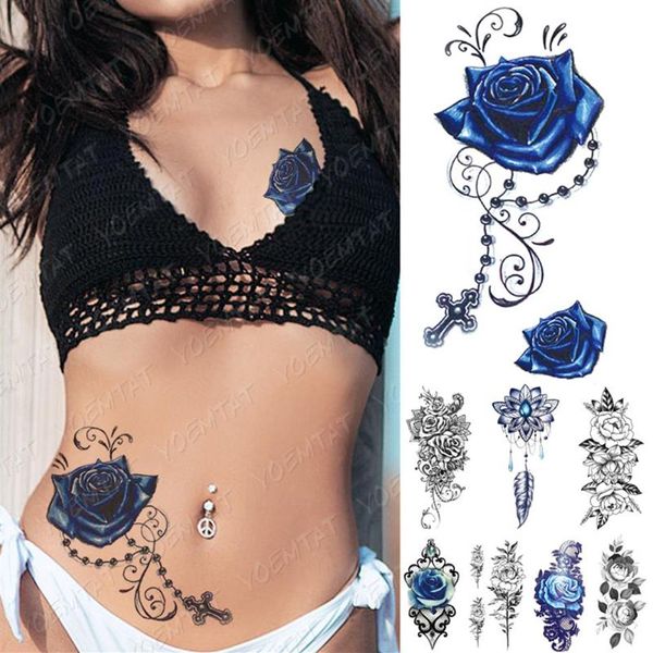 Autocollant de tatouage temporaire imperméable à l'eau Bleu Rose Pivoine Fleurs Flash Tatouages Cross Rosaire Body Art Bras Faux Manches Tatoo Femmes Men2115