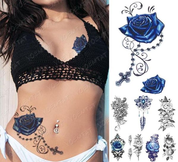 Autocollant de tatouage temporaire imperméable à l'eau bleu Rose pivoine fleurs Flash tatouages croix chapelet corps Art bras fausse manche Tatoo femmes hommes5982584