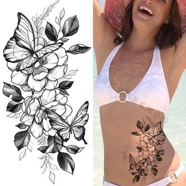 Autocollant de tatouage temporaire étanche papillon Rose fleur faux Tatoo bras dos ventre poitrine jambe Flash Tatto Art pour femmes hommes