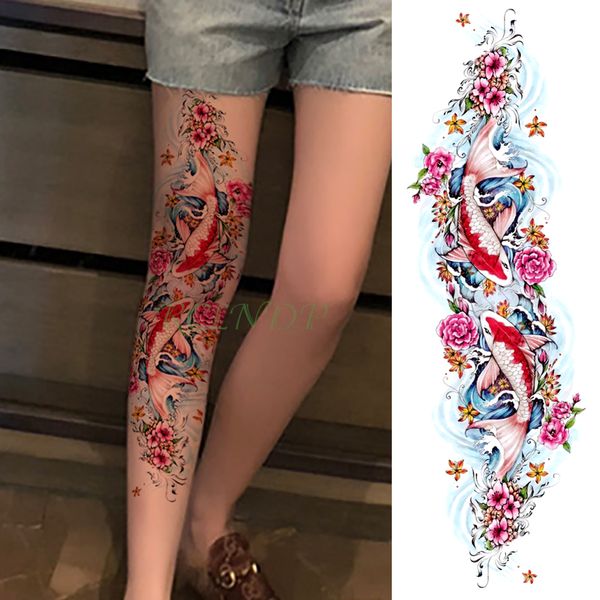 Tatuaje temporal a prueba de agua pegatina carpa pez flor brazo completo tatuaje falso flash tatuaje manga de gran tamaño para niña, hombre, mujer y mujer