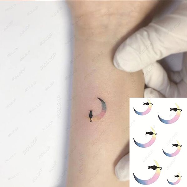 Autocollant de tatouage temporaire étanche couleur lune chat noir petit corps Art faux Tatto Flash Tatoo oreille poignet pied main pour hommes femmes