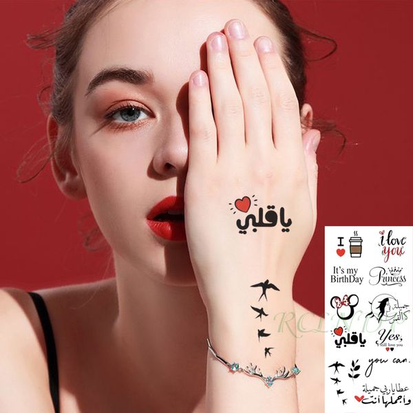 Tatuaje temporal a prueba de agua pegatina lindo amor pájaro hoja Cuervo escritura árabe tatuaje falso Flash mano brazo arte tatuaje para Mujeres Hombres