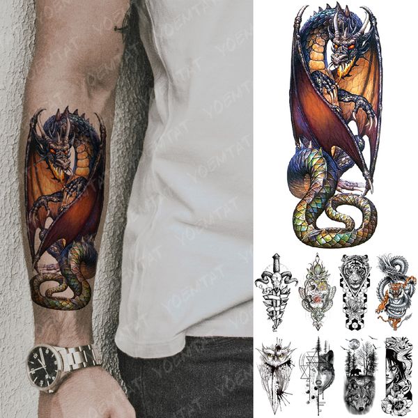 Autocollant de tatouage temporaire étanche Dragon Knight Spitfire Flash tatouages tigre hibou loup corps Art bras faux Tatoo femmes hommes