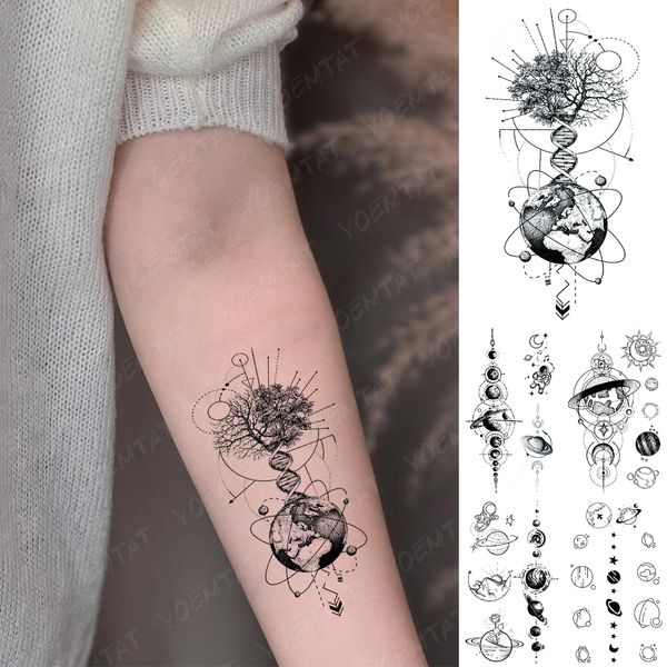 Tatuaje temporal a prueba de agua pegatina tierra árbol Flash tatuaje geométrico planeta universo falso tatuaje para arte corporal mujeres hombres