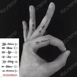 Waterdichte Tijdelijke Tattoo Sticker Vinger Pijl Geloven Moeder Leven avontuur Engels Letters Flash Tatoo Nep Tatto voor Vrouwen Mannen