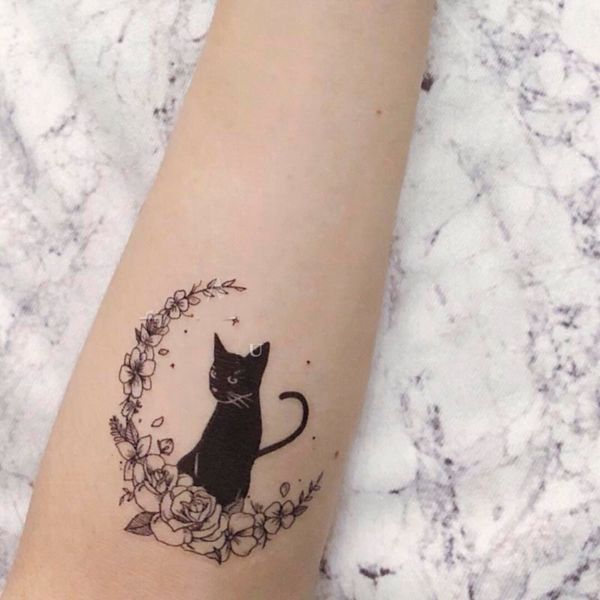 Tatuaje temporal a prueba de agua pegatina flor Luna gato negro diseño arte corporal tatuaje falso Flash tatuaje brazo mujer hombre