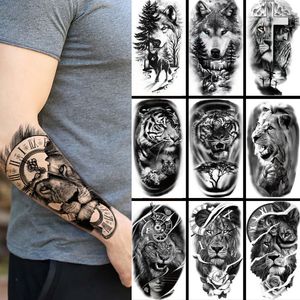 Waterdichte tijdelijke tattoo -sticker Forest Big Tiger Lion Wolf King Body Arm Hand Koel Art Zwart Animal Men Women Fake Tattoos