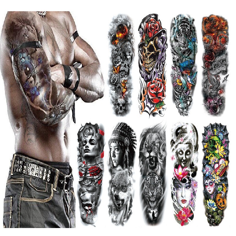 Waterdichte Tijdelijke Tattoo Sticker Volledige Arm Grote Skull Old School Tatoo Stickers Flash Fake Tattoos voor Mannen Vrouwen