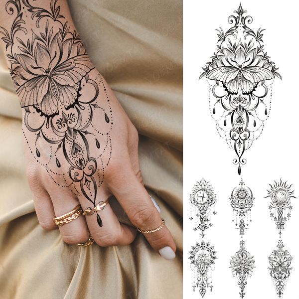 Autocollant de tatouage temporaire étanche henné Mehndi Totem Flash Tatto papillon fleur main doigts corps Art bras faux Tatoo femmes