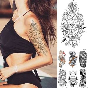 Waterdichte Tijdelijke Tattoo Sticker Kant Rose Bloemen Leeuw Flash Tattoos Wolf Vos Body Art Arm Nep Mouw Tatoo Vrouwen