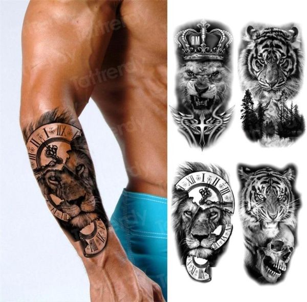 Autocollant de tatouage temporaire imperméable à l'eau Roi Lion Couronne Croix Motif Tigre Faux Tatto Flash Tatoo Noir Body Art pour Enfants Femmes Hommes 24620799