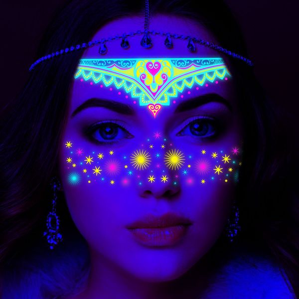 Tatuaje temporal a prueba de agua pegatina mascarada neón fluorescente cara pegatina Festival de Música brillante tatuaje falso maquillaje brillo