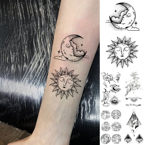 Autocollant de tatouage temporaire étanche lune soleil ligne noire géométrique Flash Tatoo femmes hommes enfant bras cheville corps Art faux Tatto Cool