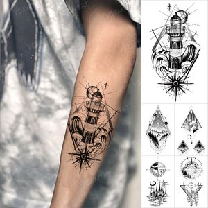 Waterdichte Tijdelijke Tattoo Sticker Nautische Vuurtoren Kompas Cross Spray Flash Tattoos Zwarte Lijn Body Art Arm Tato Mannen Vrouwen