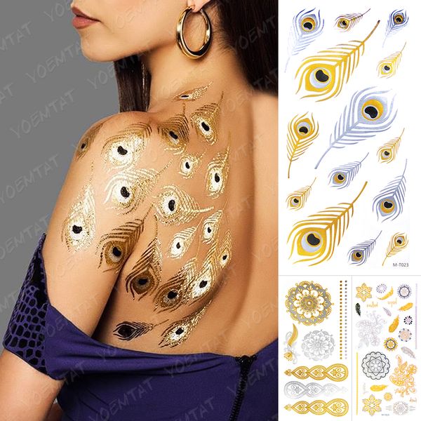 Autocollant de tatouage temporaire étanche plume de paon or argent métallique Flash Tatoo henné Mandala paillettes Bracelet Art corporel