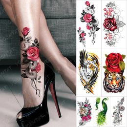 Waterdichte tijdelijke tattoo -sticker Rose Snake Flower Tatoeages Lace Tiger Dragon Body Art Arm Fake Sleeve Tatoo Women 240423