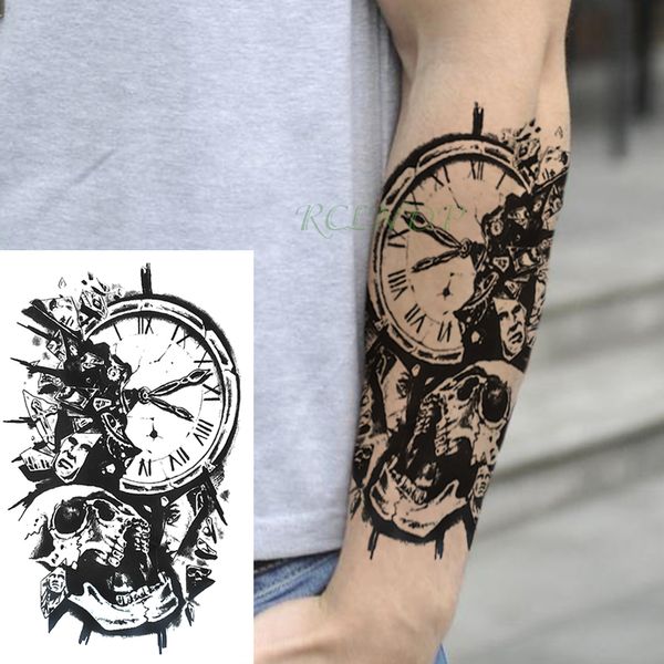 Tatuaje temporal a prueba de agua pegatina calavera cabeza reloj tatuaje falso Flash tatuaje espalda pierna brazo vientre tamaño grande para mujeres chica hombres