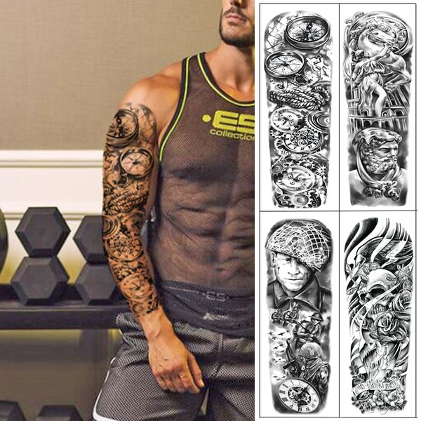 Tatuaje temporal a prueba de agua pegatina tótem mecánico brazo completo manga de gran tamaño tatuaje falso Flash tatuajes para hombres y mujeres