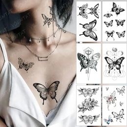Waterdichte tijdelijke tattoo -stickers zwarte vlinder roos overdracht flash tatoo vrouwen sexy nek hand borst body art nep tattoos 240418