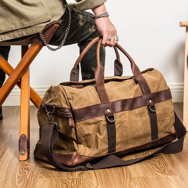 Lienzo encerado impermeable hombres de cuero bolsa de viaje bolso de equipaje a mano con bolso de toque vintage de bolos de fin de semana grandes durante la noche 240306