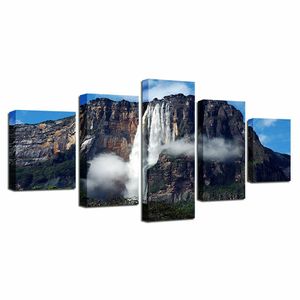 Waterval Angel Venezuela 5 Panel Foto Afdrukken Canvas Schilderij muur décor Voor Woonkamer Affiche Geen Ingelijst