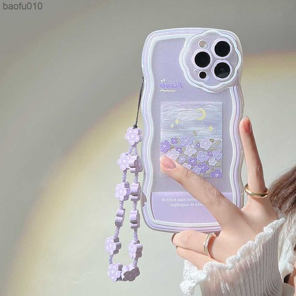 Vague Bordure Peinture À L'huile Fleurs Violet Chaîne Téléphone Cas Pour IPhone 14 Plus 13 12 Pro 11 Pro Max XR XS Max Mignon Couverture De Protection L230619