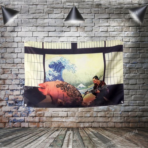 Vague japonaise cochon tatouage Art affiche drapeaux bannière décoration de la maison drapeau suspendu 4 œillets dans les coins 3*5FT 96*144CM peinture mur Art imprimer affiches