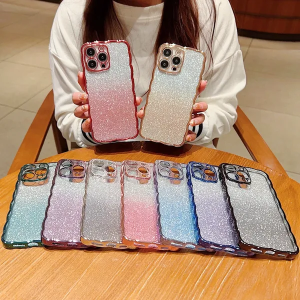 Wave Paper Bling Glitter Metallic Phone Cases para Iphone 14 Pro Max 13 Plus 12 11 XR XS X 8 7 Luxury Plating Chrome Shinny Sparkle Soft TPU Lente de la cámara Contraportada del teléfono