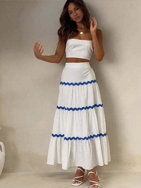 Conjunto de vestido de tirantes para vacaciones a rayas onduladas, Top corto de primavera, elegante sin mangas, 2 uds., conjuntos a juego, falda larga, traje de playa Aline 240111