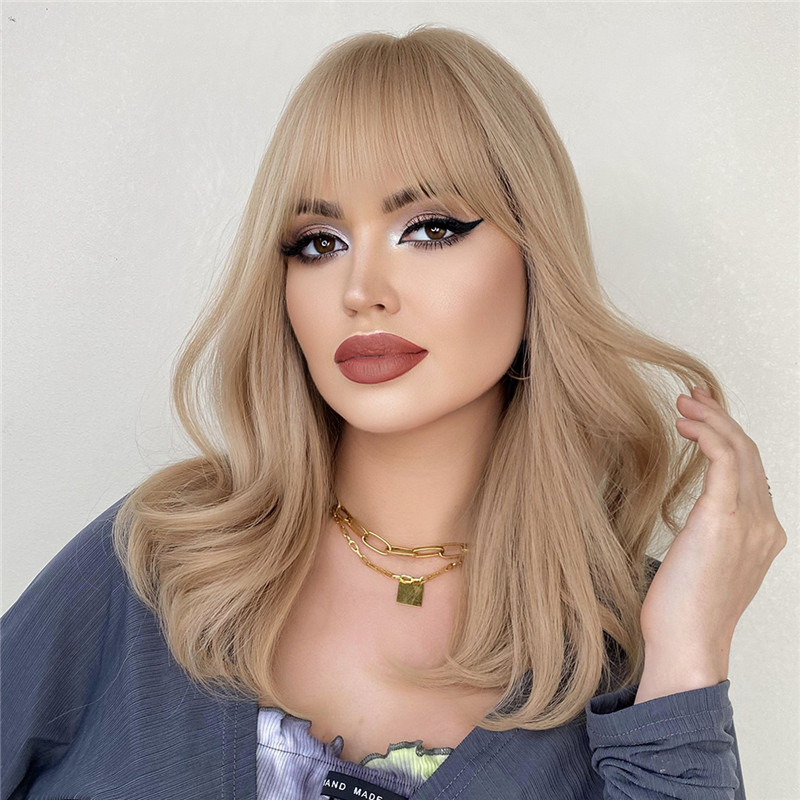 Wave Synthetic Wig With Bangs For Woman Long Blonde 18inch Natural Wig Breathable Wigs Heat Resistant Fiber False Hair