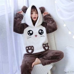 Wavmit Winter Dames Flanel Hooded Lange Mouwen Pyjama Set Cute Leisure Dames Nachtkleding Set Gouden Fluwelen Pyjama Homewear 211211