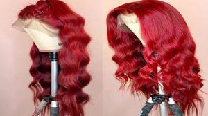 Golvende gekleurde kant voorkant menselijk haarpruiken vooraf geplukte volledige frontale rode bordeauxrooster Remy Braziliaanse pruik voor zwarte vrouwen kan maken5632529