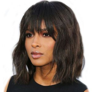 Perruque Bob Lace Front Wig naturelle mongole Remy, cheveux naturels ondulés, courte, avec frange