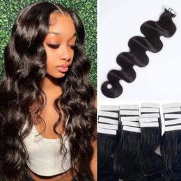 Extensiones de cabello con cinta negra Natural ondulada para mujeres negras, cabello humano, cinta de trama de piel corporal en extensiones de cabello 240312