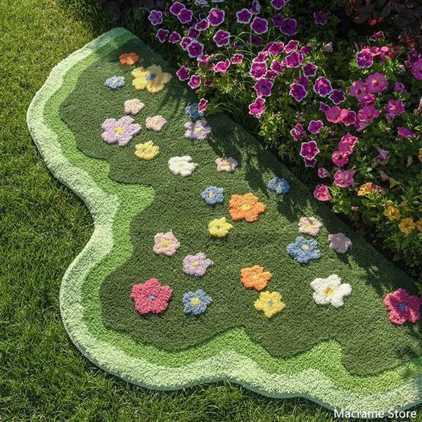 Forme ondulée vert 3D fleur touffeté tapis doux touffetage canapé tapis absorbant antidérapant chambre sol pieds tapis de chevet tapis coussinets de pied 231220