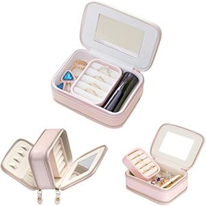 Boîte à bijoux de voyage portable avec miroir double fermeture éclair en cuir PU pour petits cadeaux, organisateur de rangement pour bagues, boucles d'oreilles, colliers, bracelets