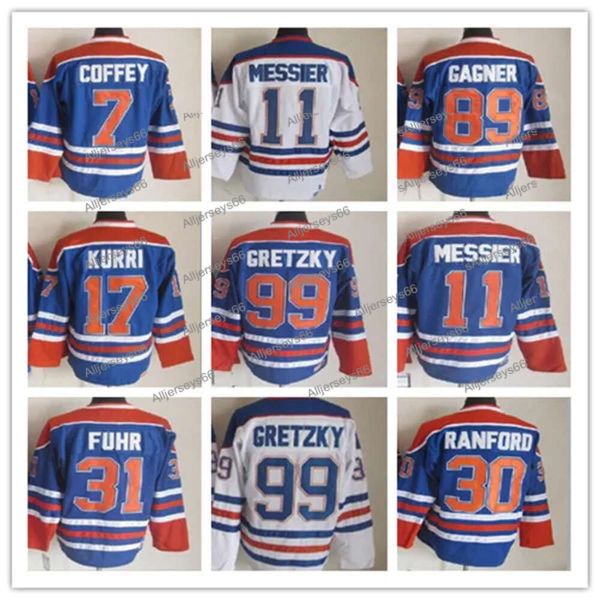 Wayne Gretzky Edmonton Maillots de hockey vintage 11 Mark Messier 30 Bill Ranford 7 Paul Coffey 89 Sam Gagner 17 Jari Kurri 31 Grant Fuhr Ed CCM Uniformes rétro Hommes Maillot de glace