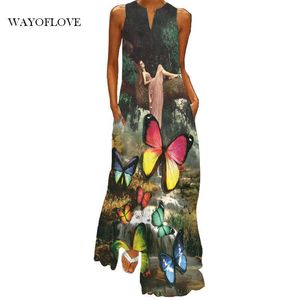 WayofLove Butterfly Gedrukt Elegante Jurk Beach Casual Plus Size Lange Jurken Zomer Vrouw Mouwloze Meisje Maxi Jurk Dames 210602