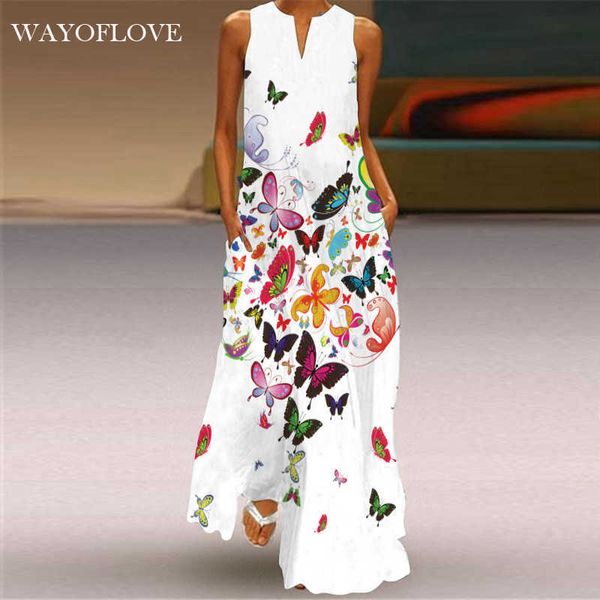 Wayoflove papillon imprimé robe blanche décontractée plus taille robes longues été femme sans manches filles plage maxi robe femmes 210602