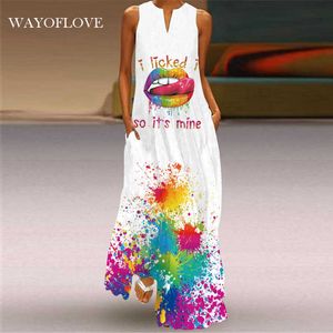 WayofLove elegante sexy mond print witte jurk casual plus size lange jurken vrouw zomer strand mouwloze maxi jurk vrouwen 210602