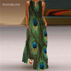 WAYOFLOVE grande taille plume de paon vert robe décontracté fille longue es été femme sans manches plage Maxi pour les femmes 210623