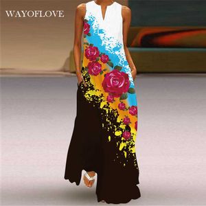 WayofLove Rose Print Meisjes Jurk Vintage Casual Party Plus Size Lange Jurken Zomer Vrouw Mouwloze Strand Maxi Dress Dames 210602