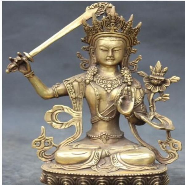 WBY---607 9 Budismo Chino Bronce Tallado Manjushri Buda Diosa Sostiene Espada Estatua2085